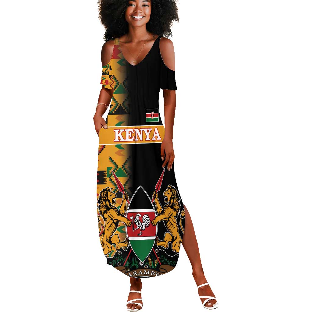 Custom Afro Kenya Coat Of Arms Summer Maxi Dress With Kente Patterns