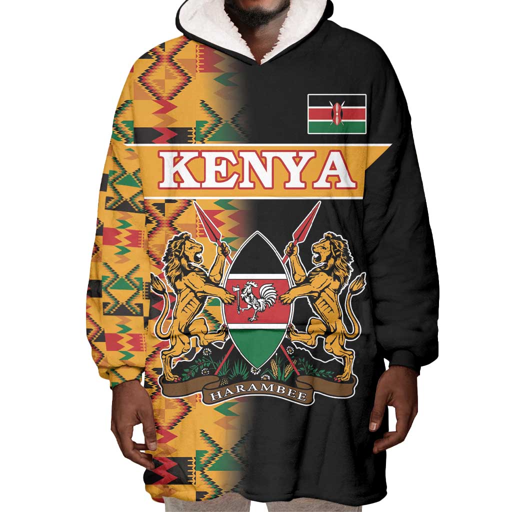 Custom Afro Kenya Coat Of Arms Wearable Blanket Hoodie With Kente Patterns