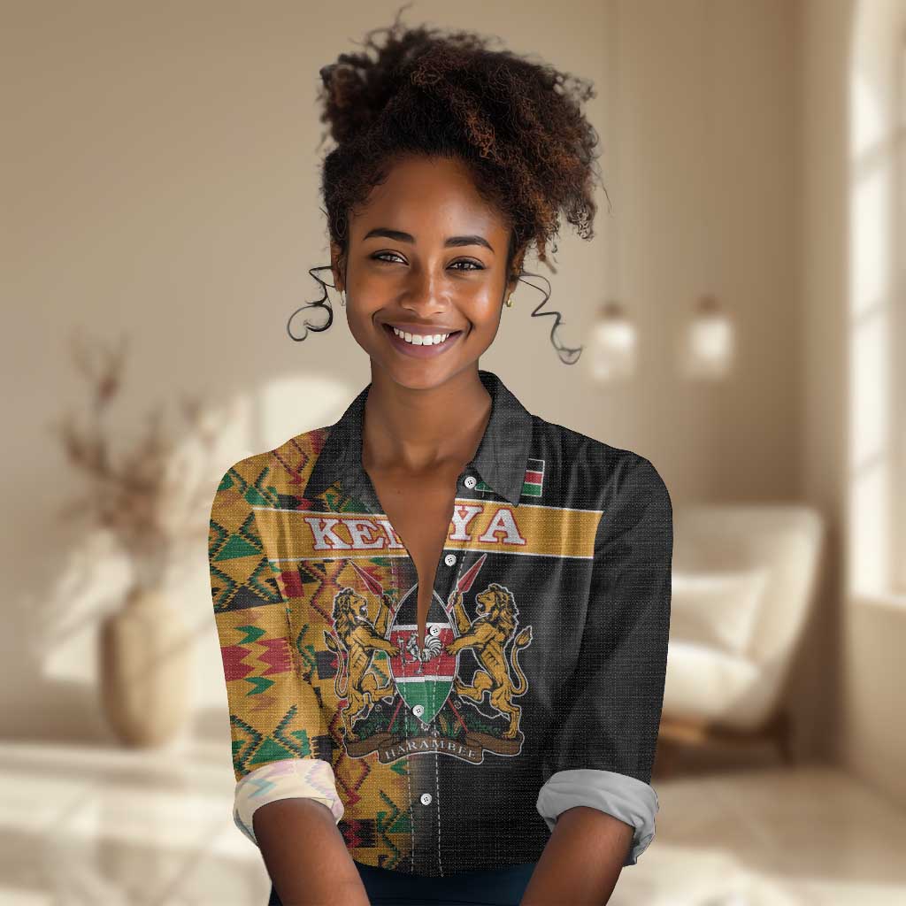 Custom Afro Kenya Coat Of Arms Women Casual Shirt With Kente Patterns