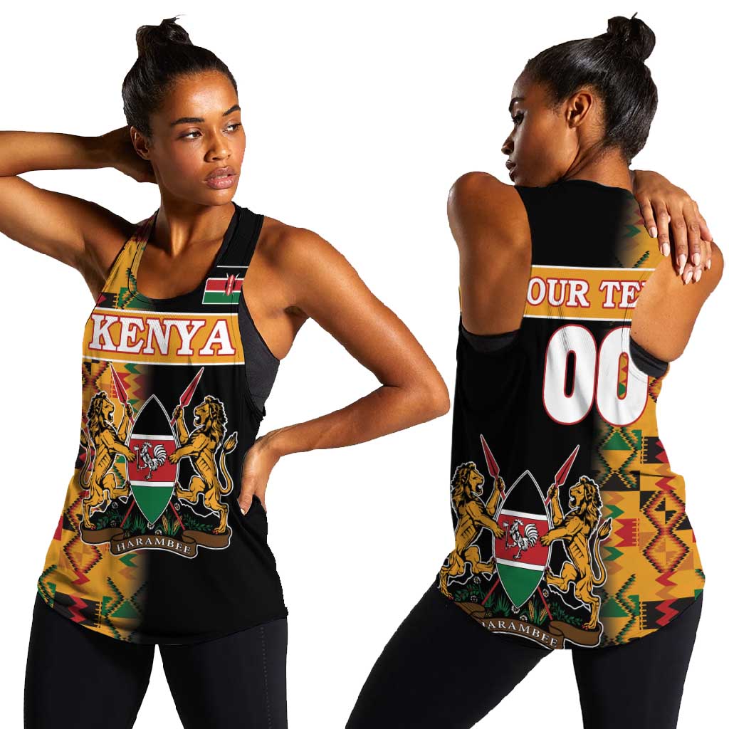 Custom Afro Kenya Coat Of Arms Women Racerback Tank With Kente Patterns