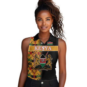 Custom Afro Kenya Coat Of Arms Women Sleeveless Polo Shirt With Kente Patterns