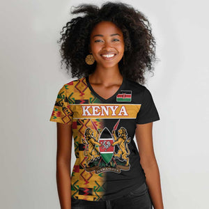 Custom Afro Kenya Coat Of Arms Women V-Neck T-Shirt With Kente Patterns