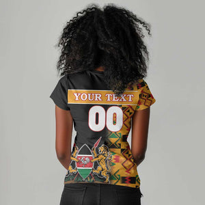 Custom Afro Kenya Coat Of Arms Women V-Neck T-Shirt With Kente Patterns