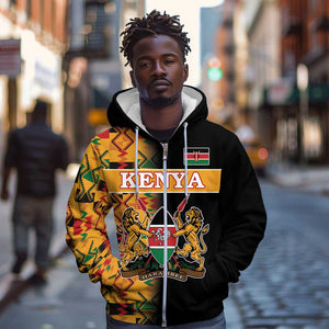 Custom Afro Kenya Coat Of Arms Zip Hoodie With Kente Patterns