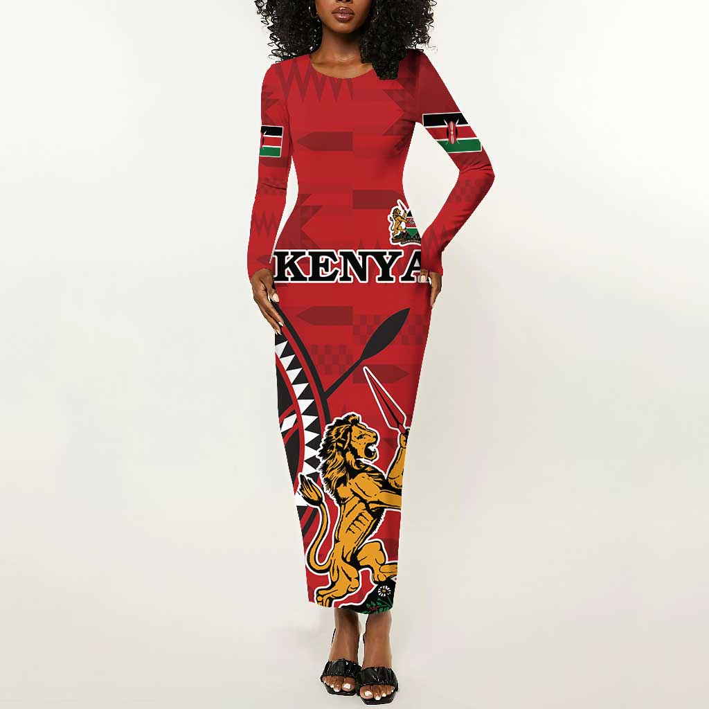 Personalized Afro Kenya Coat Of Arms Long Sleeve Bodycon Dress Ethnic Seamless Pattern