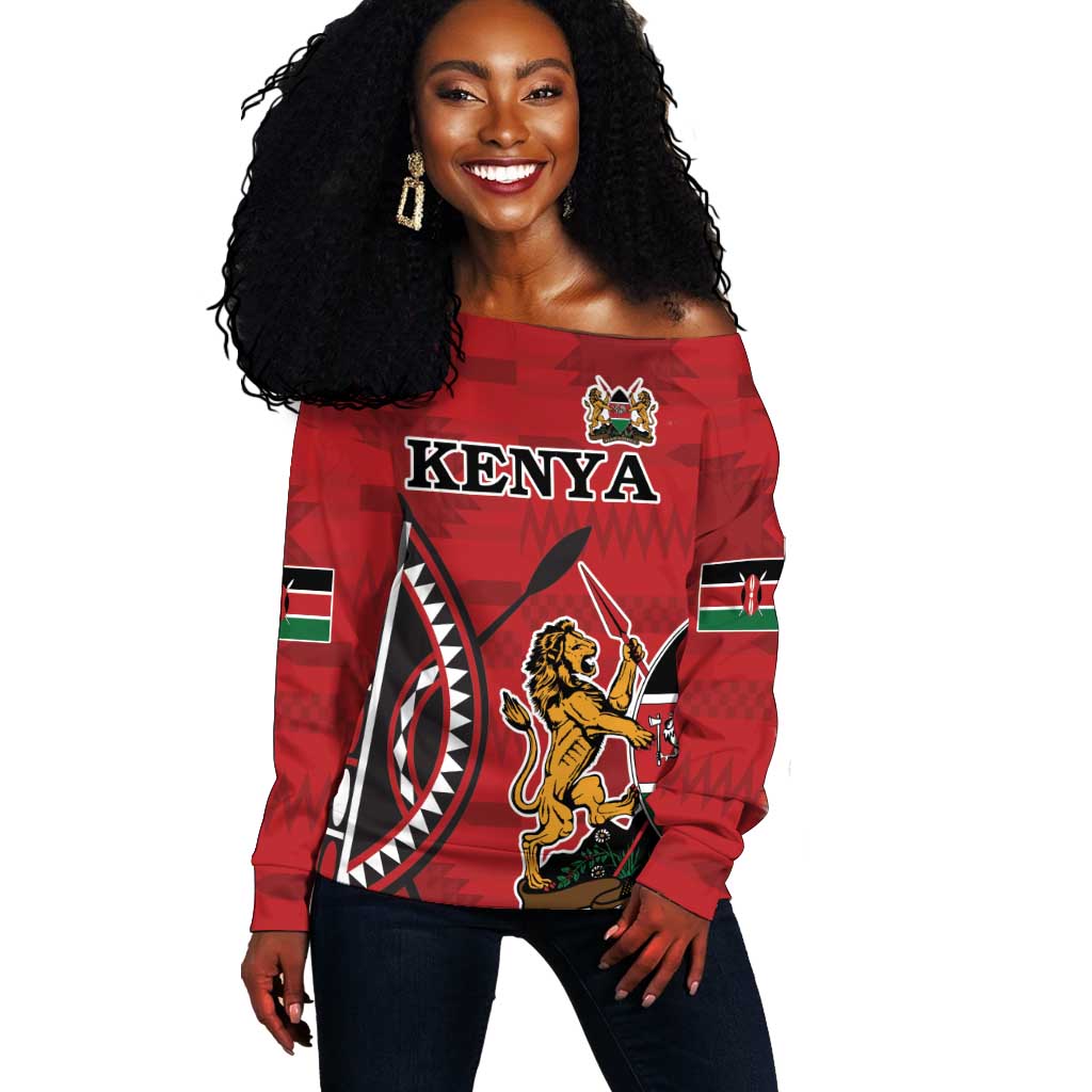 Personalized Afro Kenya Coat Of Arms Off Shoulder Sweater Ethnic Seamless Pattern