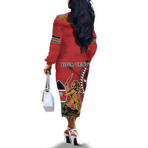 Personalized Afro Kenya Coat Of Arms Off The Shoulder Long Sleeve Dress Ethnic Seamless Pattern