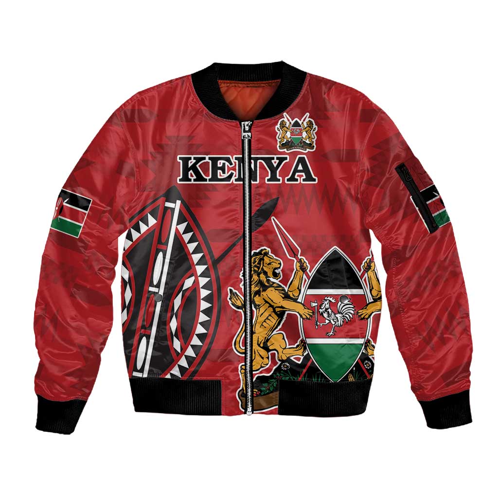 Personalized Afro Kenya Coat Of Arms Sleeve Zip Bomber Jacket Ethnic Seamless Pattern