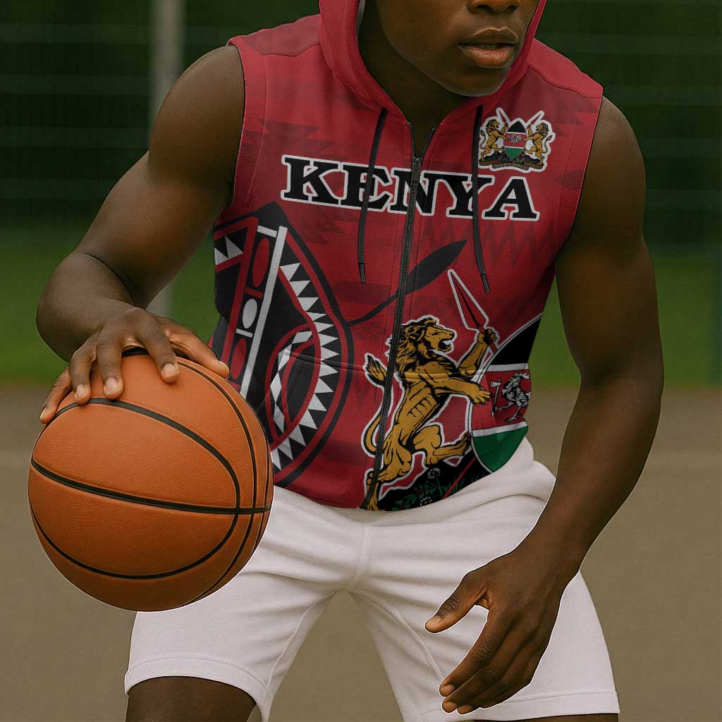 Personalized Afro Kenya Coat Of Arms Sleeveless Zip Hoodie Ethnic Seamless Pattern - African Pride