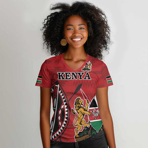 Personalized Afro Kenya Coat Of Arms Women V-Neck T-Shirt Ethnic Seamless Pattern