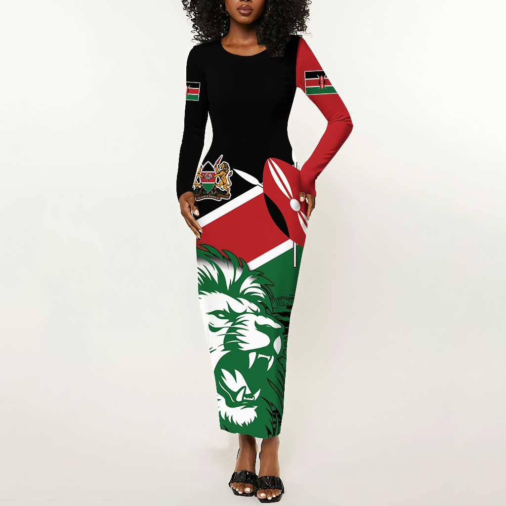 Afro Kenya Lion Head Long Sleeve Bodycon Dress Flag Style