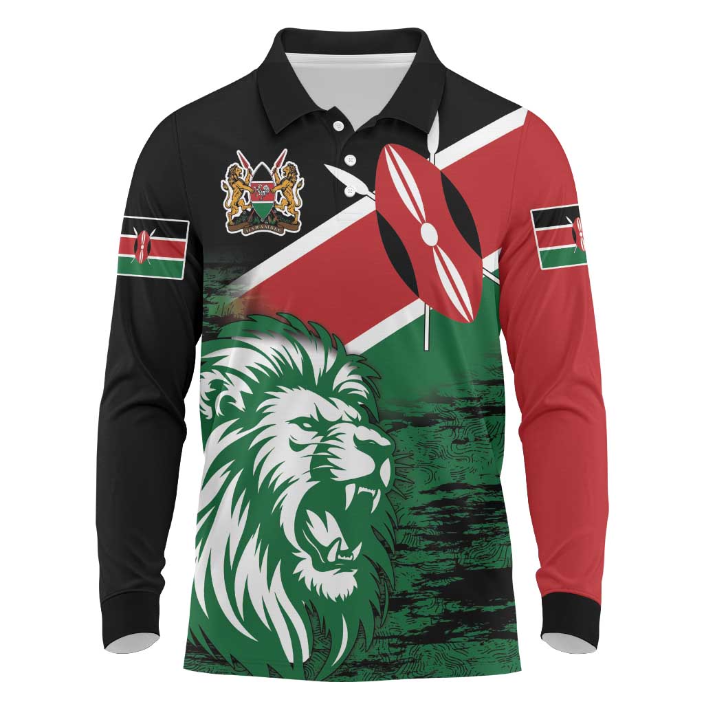 Afro Kenya Lion Head Long Sleeve Polo Shirt Flag Style