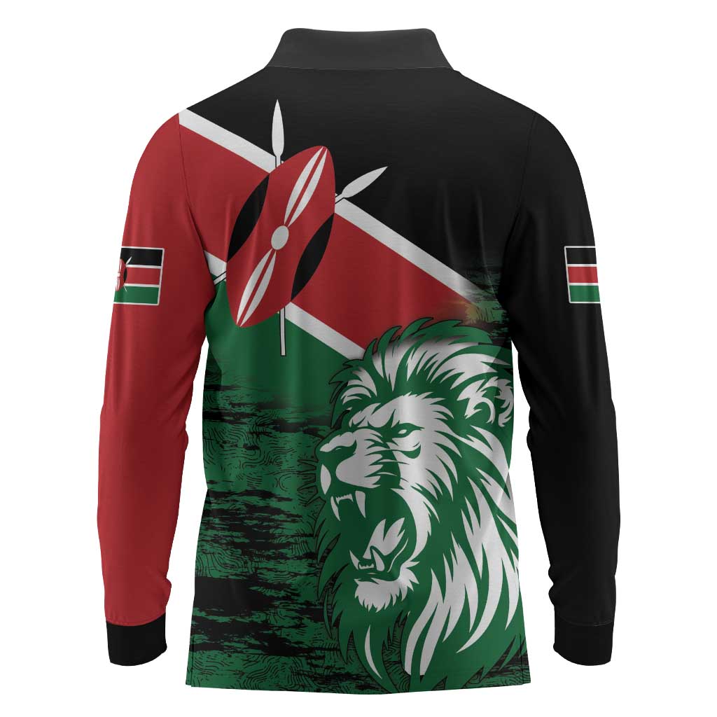 Afro Kenya Lion Head Long Sleeve Polo Shirt Flag Style
