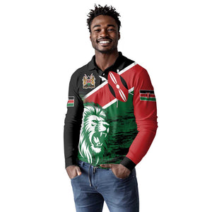 Afro Kenya Lion Head Long Sleeve Polo Shirt Flag Style