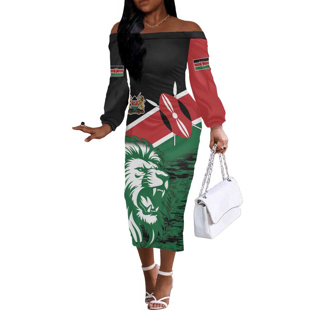 Afro Kenya Lion Head Off The Shoulder Long Sleeve Dress Flag Style