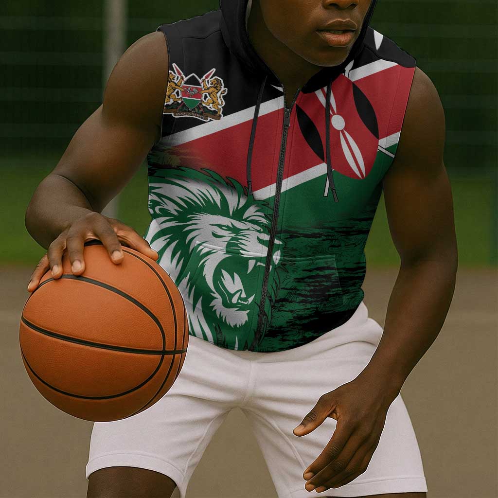 Afro Kenya Lion Head Sleeveless Zip Hoodie Flag Style - African Pride