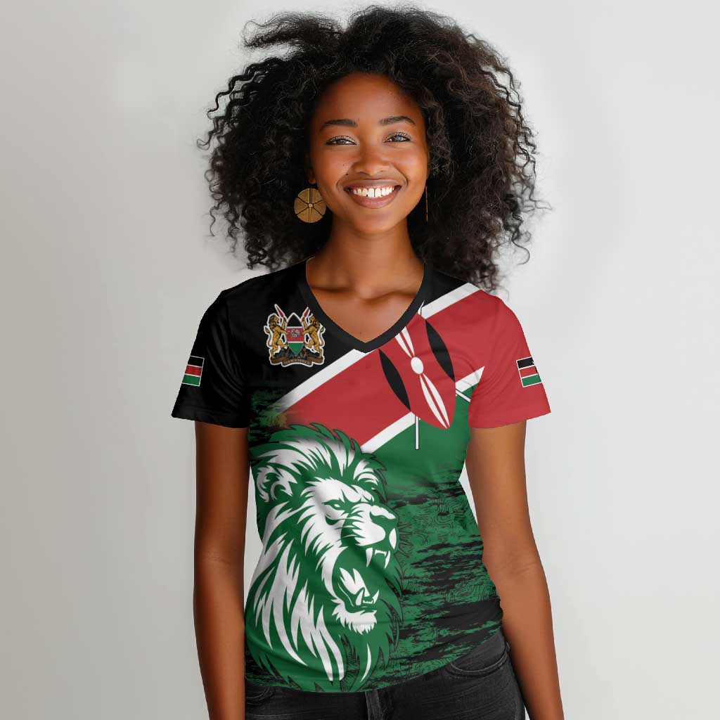 Afro Kenya Lion Head Women V-Neck T-Shirt Flag Style