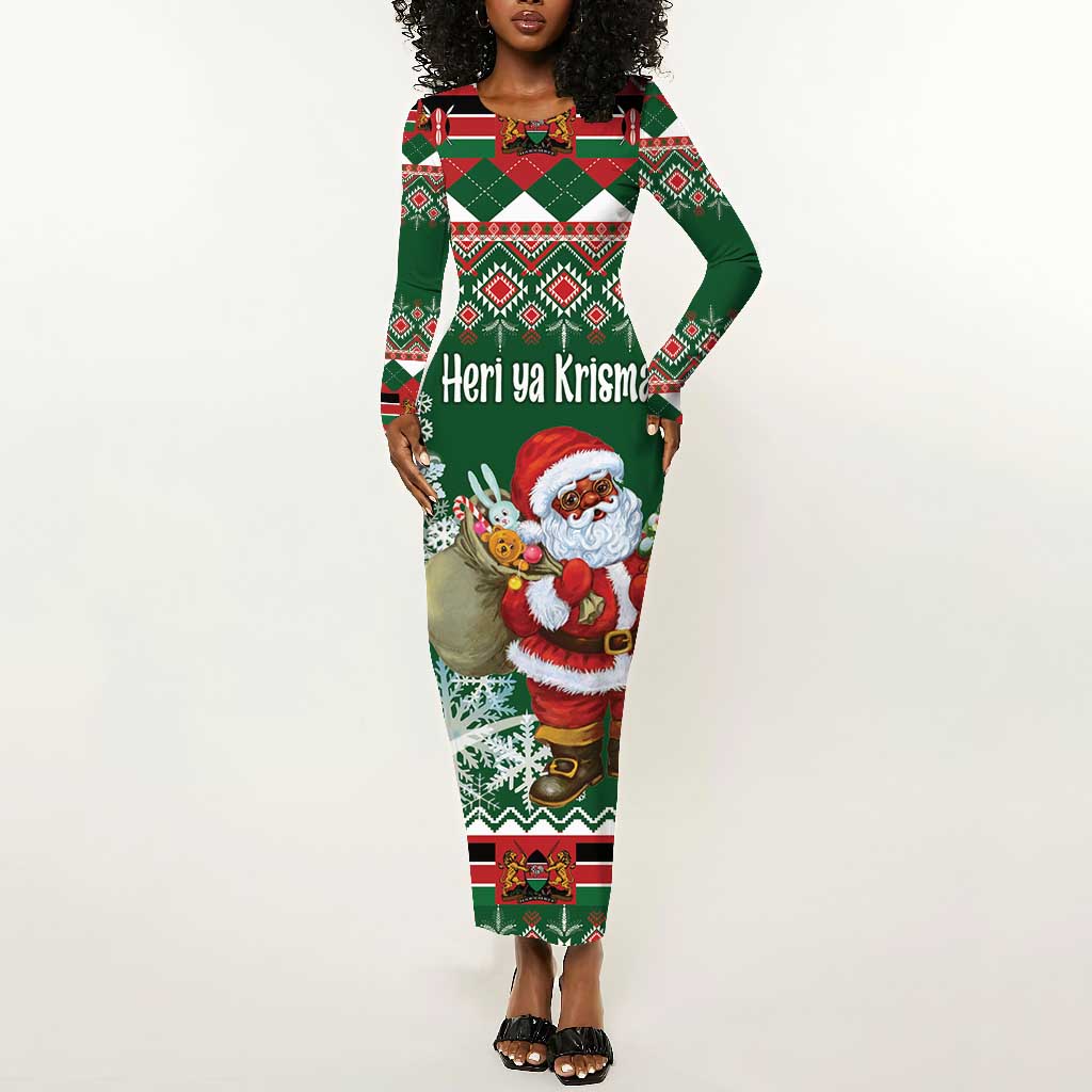 Personalized Afro Kenya Christmas Long Sleeve Bodycon Dress African Santa -  Folk Pattern