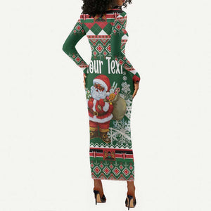 Personalized Afro Kenya Christmas Long Sleeve Bodycon Dress African Santa -  Folk Pattern