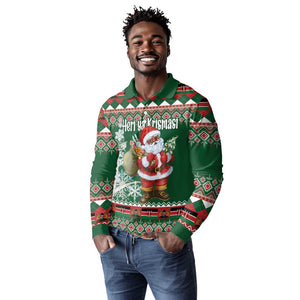 Personalized Afro Kenya Christmas Long Sleeve Polo Shirt African Santa -  Folk Pattern