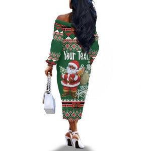 Personalized Afro Kenya Christmas Off The Shoulder Long Sleeve Dress African Santa -  Folk Pattern