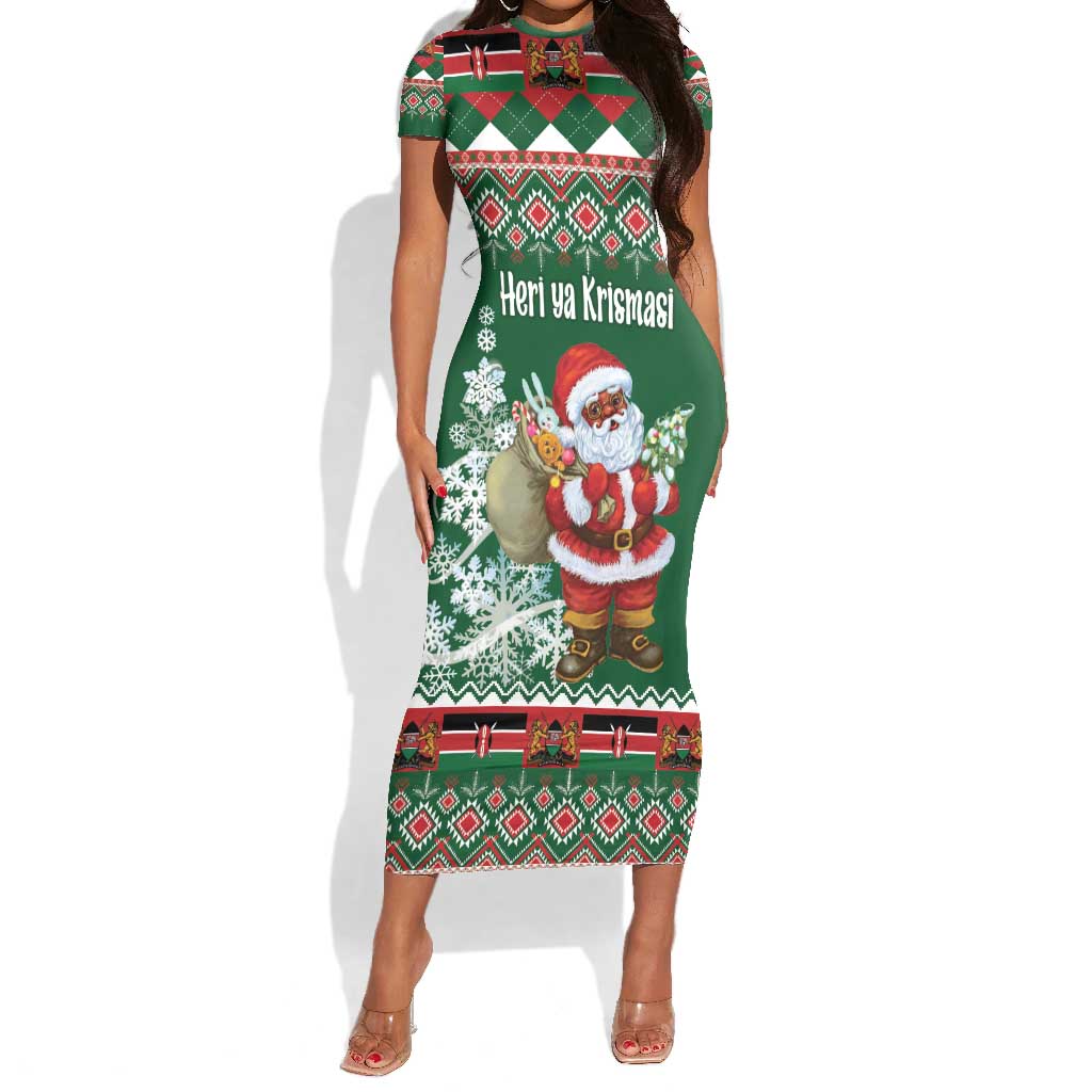 Personalized Afro Kenya Christmas Short Sleeve Bodycon Dress African Santa - Folk Pattern LT18
