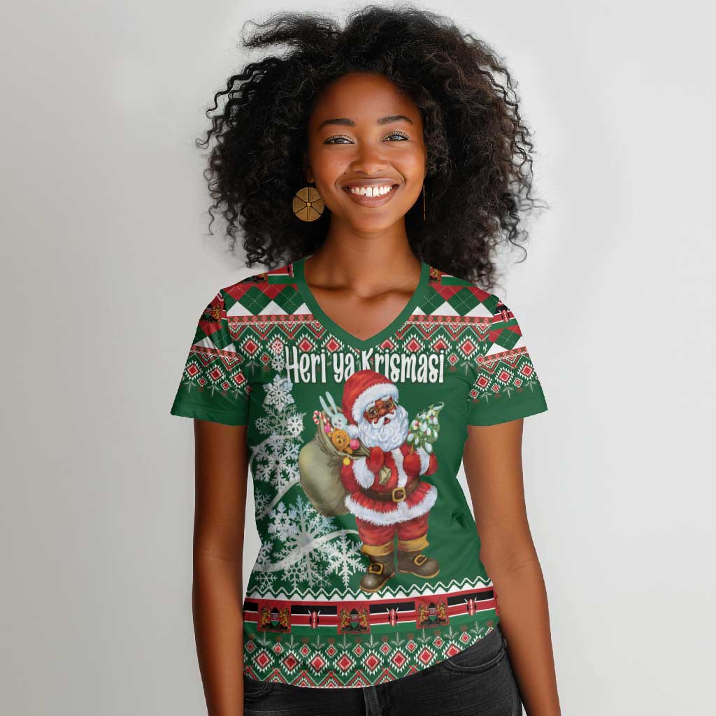 Personalized Afro Kenya Christmas Women V-Neck T-Shirt African Santa -  Folk Pattern