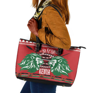 Afro Kenya Christmas Leather Tote Bag Head Lion - Heri ya Krismasi