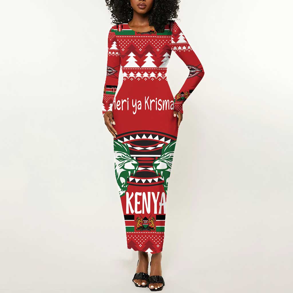 Afro Kenya Christmas Long Sleeve Bodycon Dress Head Lion - Heri ya Krismasi