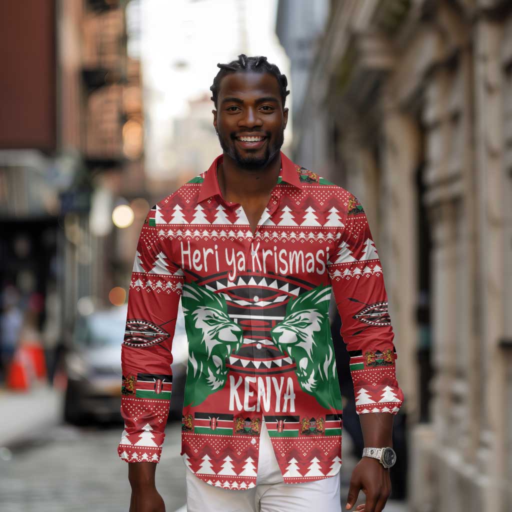 Afro Kenya Christmas Long Sleeve Button Shirt Head Lion - Heri ya Krismasi