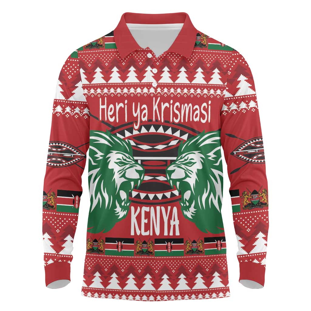 Afro Kenya Christmas Long Sleeve Polo Shirt Head Lion - Heri ya Krismasi