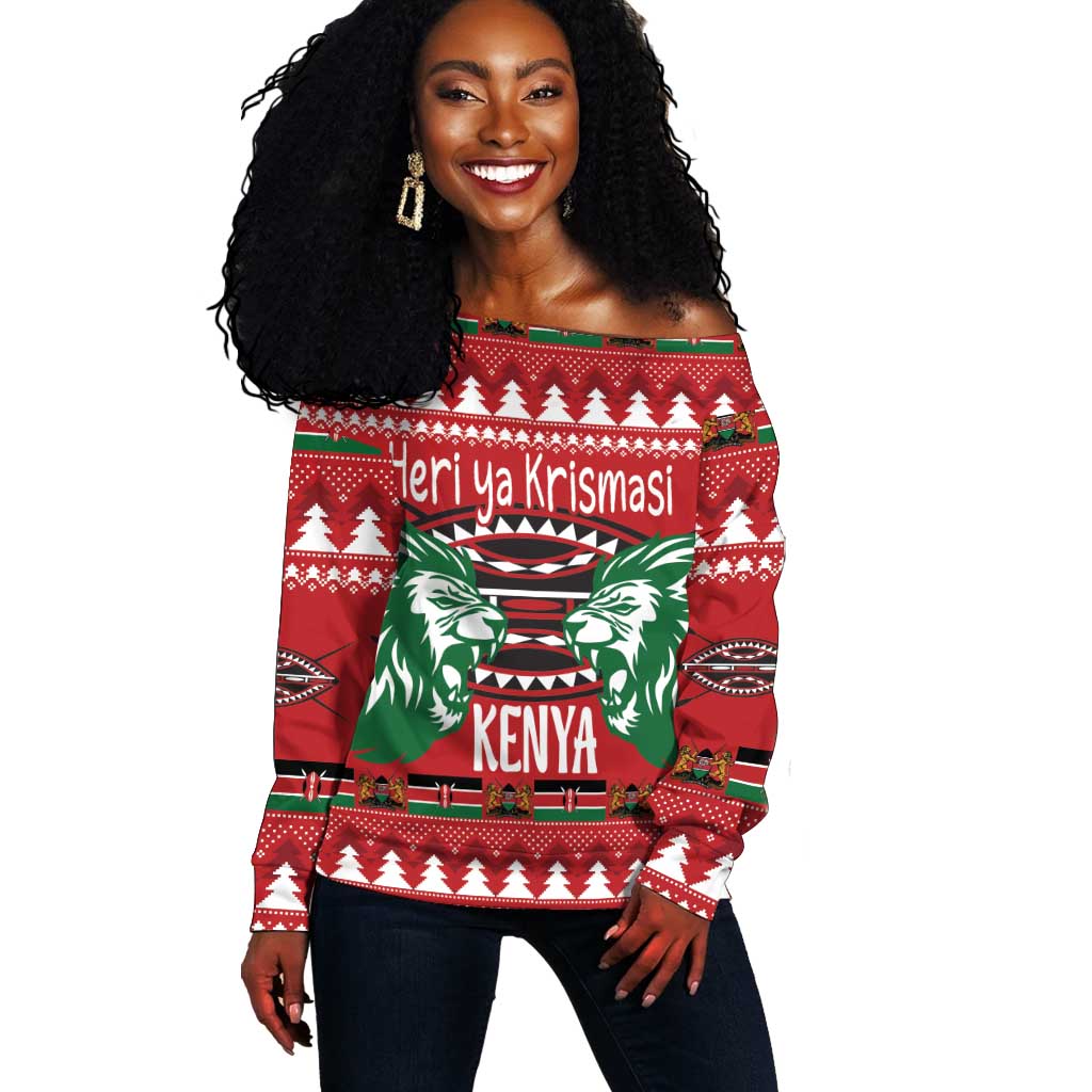 Afro Kenya Christmas Off Shoulder Sweater Head Lion - Heri ya Krismasi