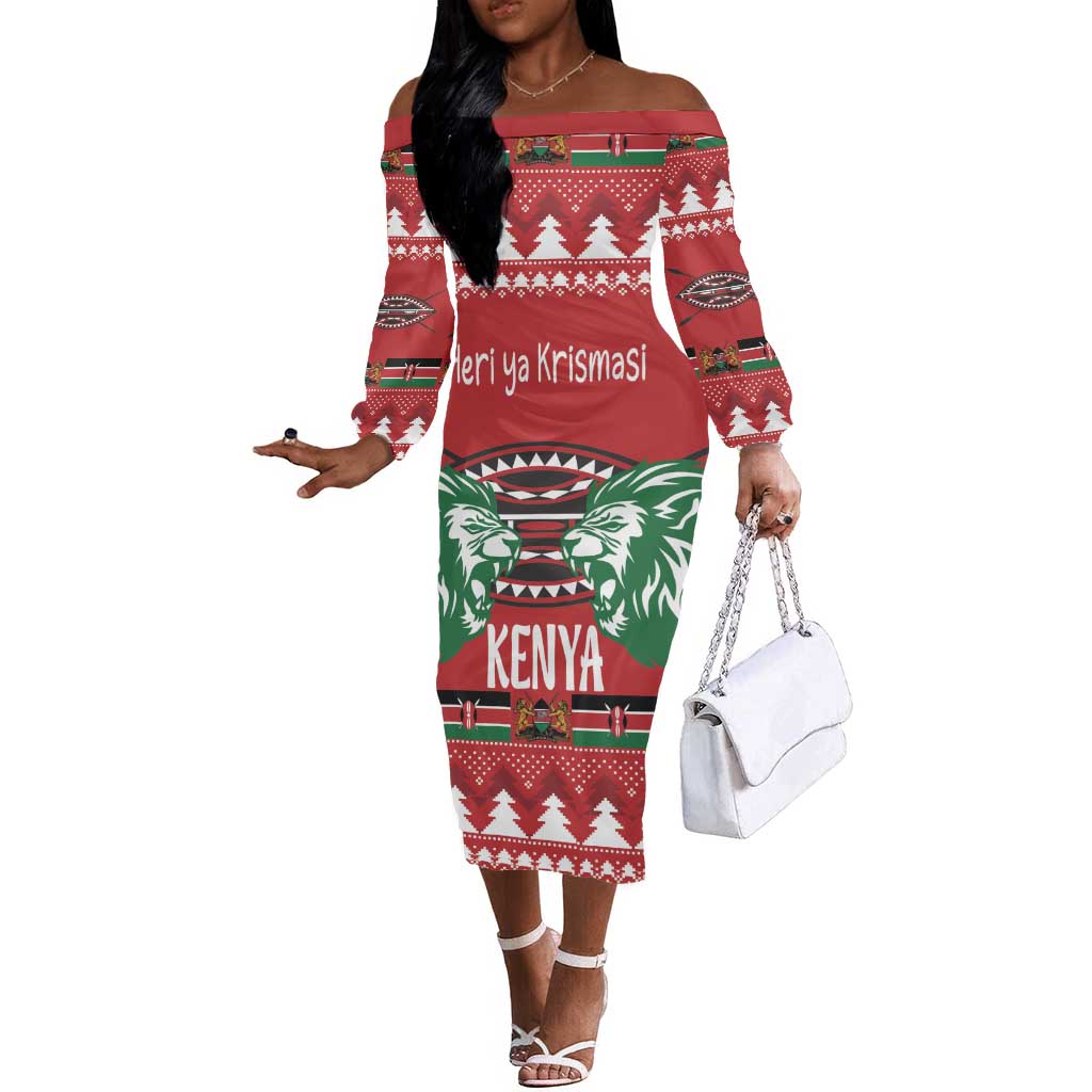 Afro Kenya Christmas Off The Shoulder Long Sleeve Dress Head Lion - Heri ya Krismasi