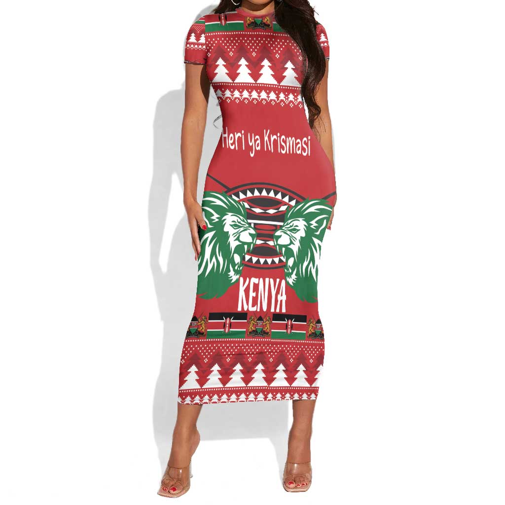 Afro Kenya Christmas Short Sleeve Bodycon Dress Head Lion - Heri ya Krismasi LT18