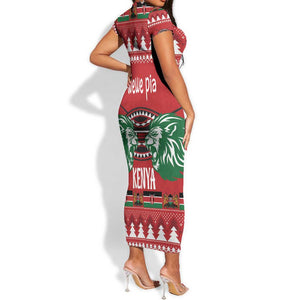 Afro Kenya Christmas Short Sleeve Bodycon Dress Head Lion - Heri ya Krismasi