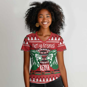 Afro Kenya Christmas Women V-Neck T-Shirt Head Lion - Heri ya Krismasi