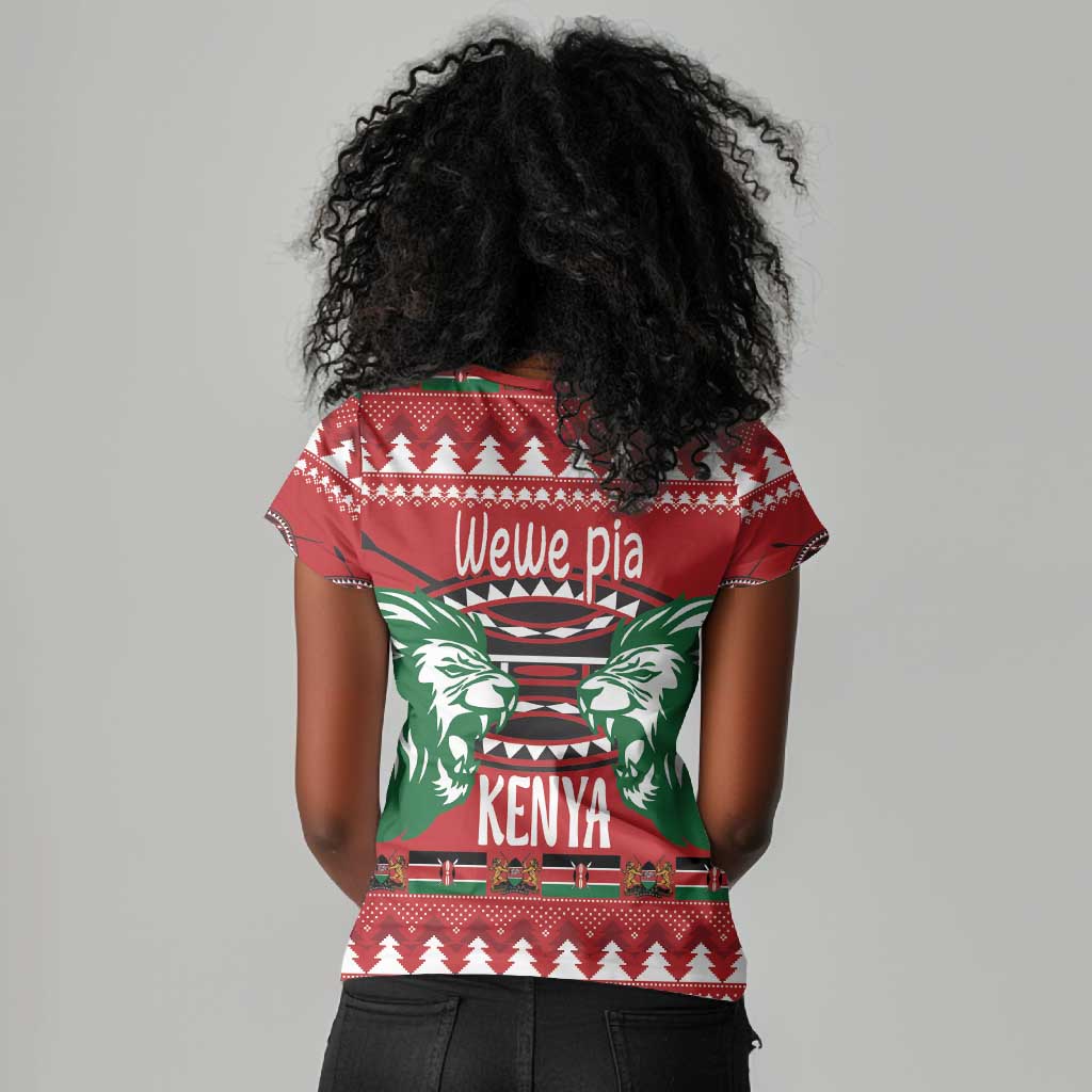 Afro Kenya Christmas Women V-Neck T-Shirt Head Lion - Heri ya Krismasi