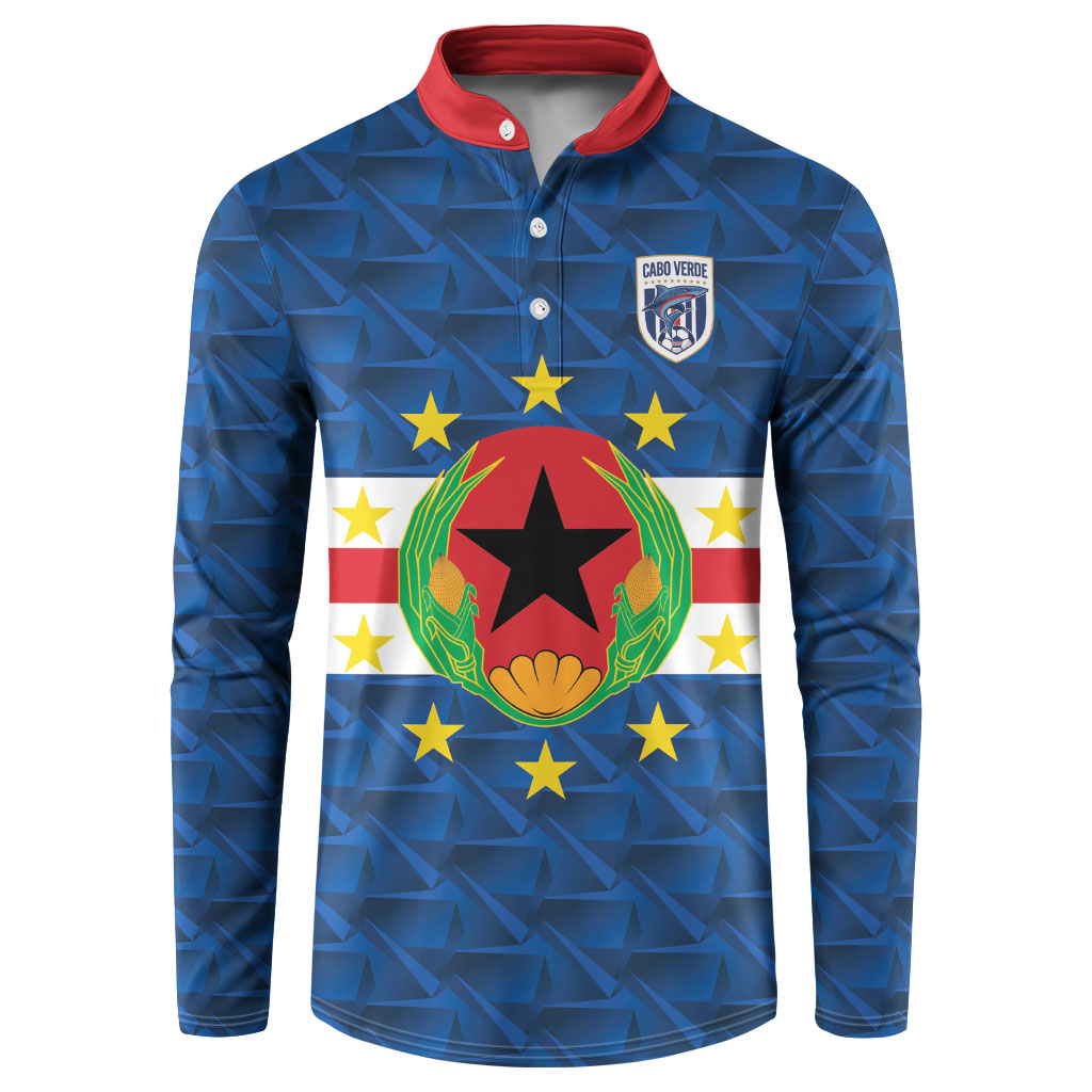 Cabo Verde Tubaroes Azuis Historic Debut 2026 Button Sweatshirt Cape Verde Past and Present Flag Motif
