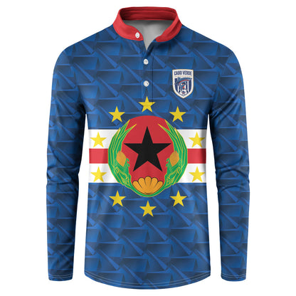 Cabo Verde Tubaroes Azuis Historic Debut 2026 Button Sweatshirt Cape Verde Past and Present Flag Motif