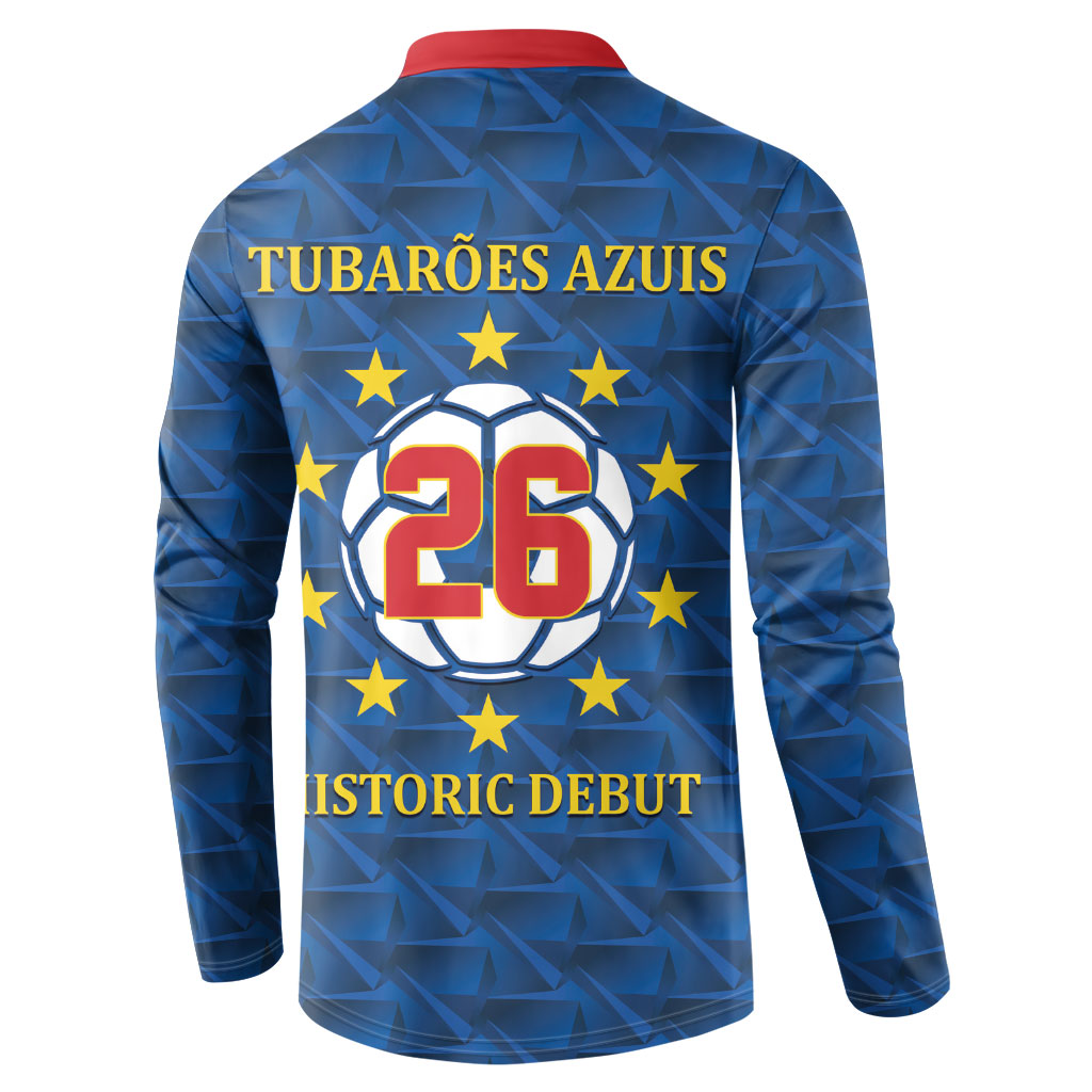Cabo Verde Tubaroes Azuis Historic Debut 2026 Button Sweatshirt Cape Verde Past and Present Flag Motif