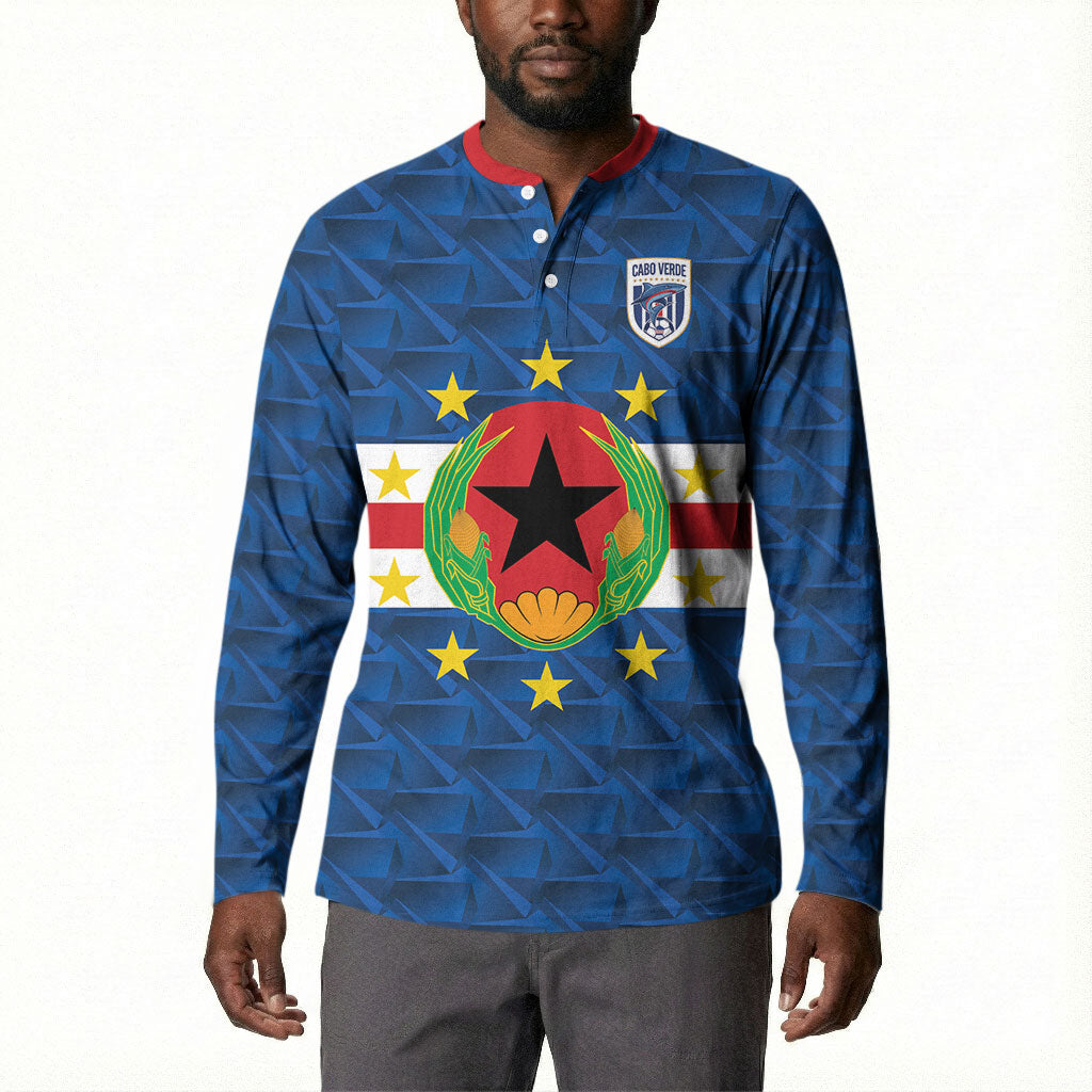 Cabo Verde Tubaroes Azuis Historic Debut 2026 Button Sweatshirt Cape Verde Past and Present Flag Motif