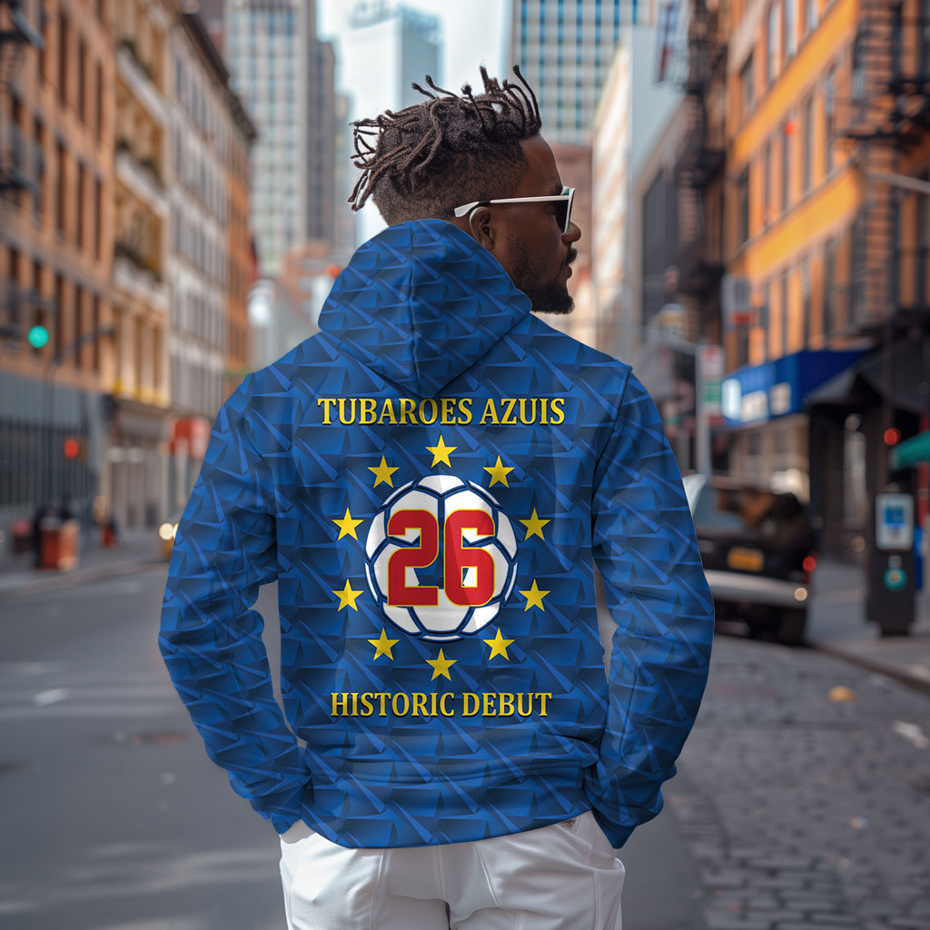 Cabo Verde Tubaroes Azuis Historic Debut 2026 Hoodie Cape Verde Past and Present Flag Motif