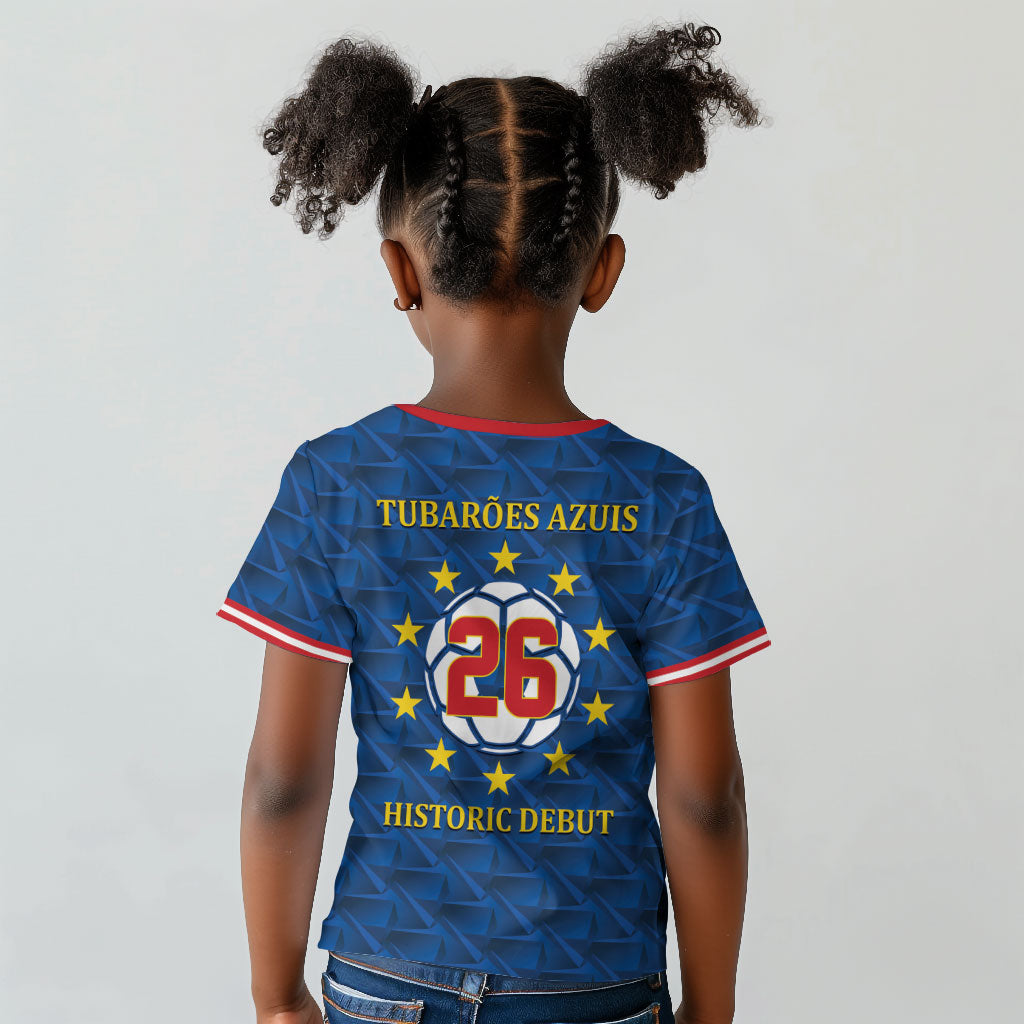 Cabo Verde Tubaroes Azuis Historic Debut 2026 Kid T shirt Cape Verde Past and Present Flag Motif