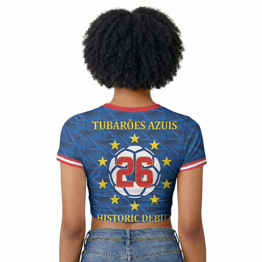Cabo Verde Tubaroes Azuis Historic Debut 2026 Raglan Cropped T shirt Cape Verde Past and Present Flag Motif