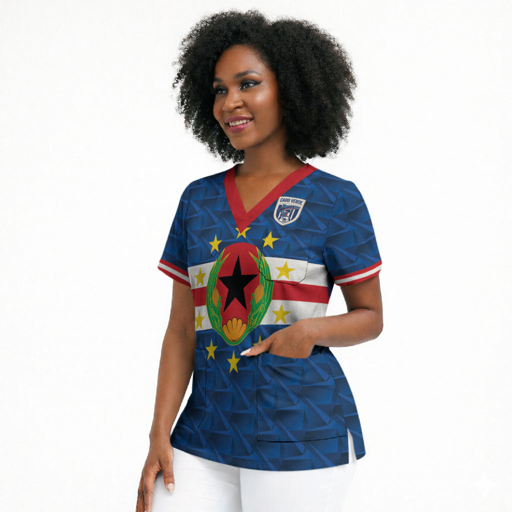 Cabo Verde Tubaroes Azuis Historic Debut 2026 Scrub Top Cape Verde Past and Present Flag Motif