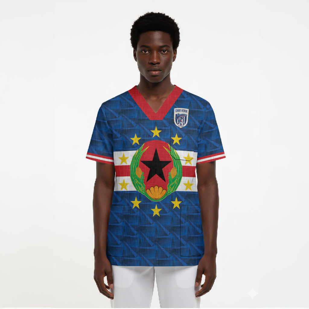 Cabo Verde Tubaroes Azuis Historic Debut 2026 Scrub Top Cape Verde Past and Present Flag Motif