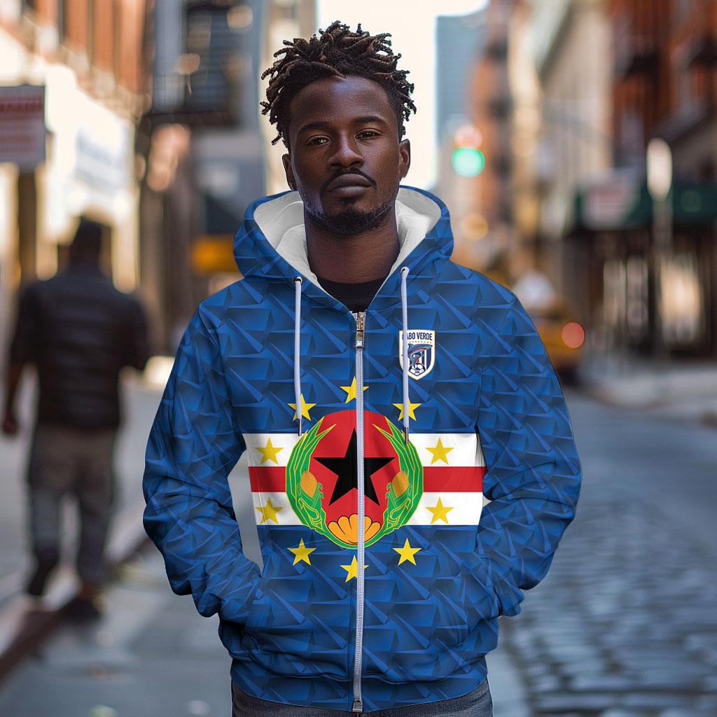 Cabo Verde Tubaroes Azuis Historic Debut 2026 Zip Hoodie Cape Verde Past and Present Flag Motif