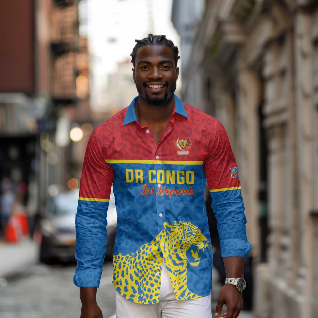 Custom World Football 2026 DR Congo Long Sleeve Button Shirt Roar of Les Leopards