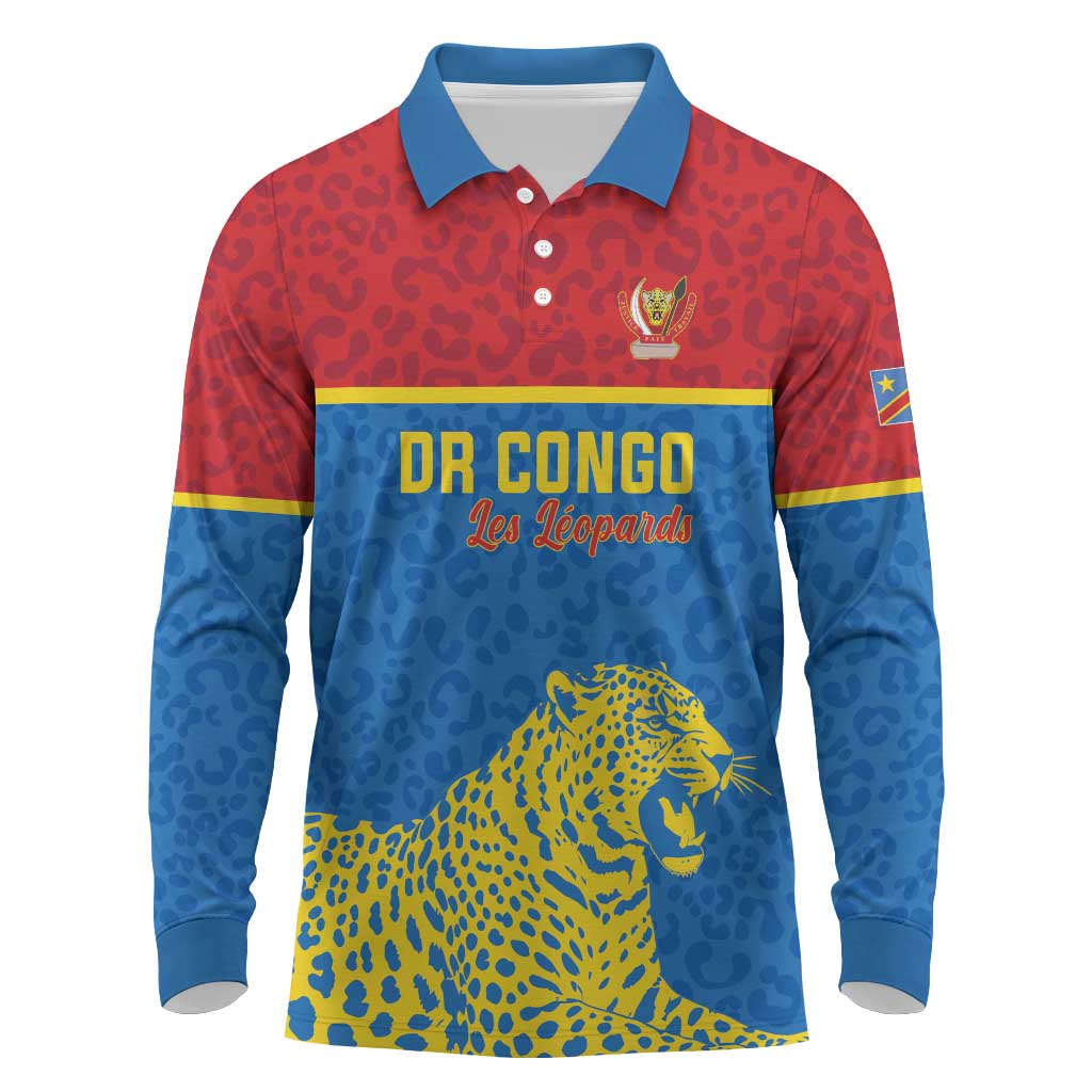 Custom World Football 2026 DR Congo Long Sleeve Polo Shirt Roar of Les Leopards