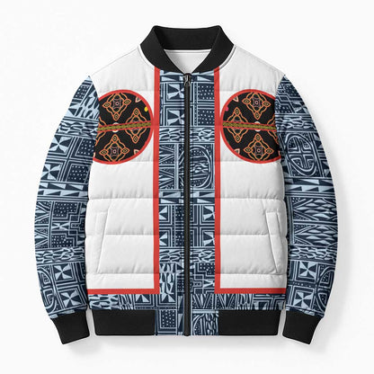 Cameroon Traditional Toghu Pattern Bomber Puffer Jacket African Tribal Ndop Geometric Design